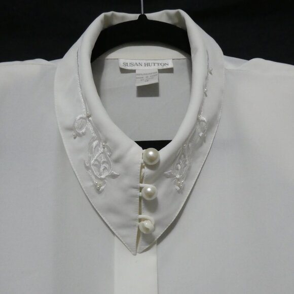 SUSAN HUTTON | size 14 | Elegant White Dress Shirt | Shoulder Pads | Polyester - Picture 4 of 14